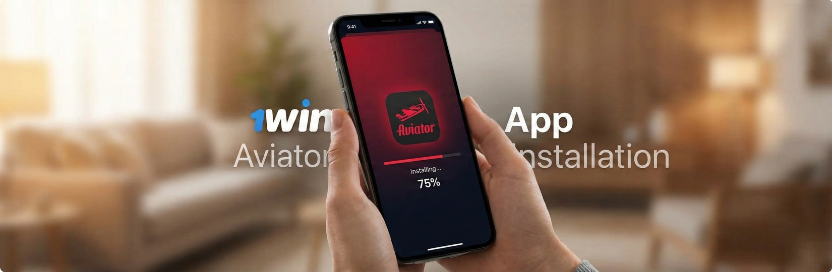 Процес на инсталация на приложението 1win Aviator на смартфон с прогрес бар 75% на червен фон в модерен интериор