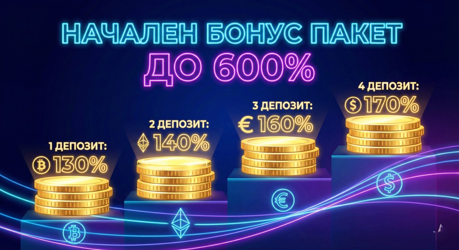 Начален бонус пакет до 600% за първите 4 депозита с нарастващи проценти и крипто икони за нови играчи в сайта
