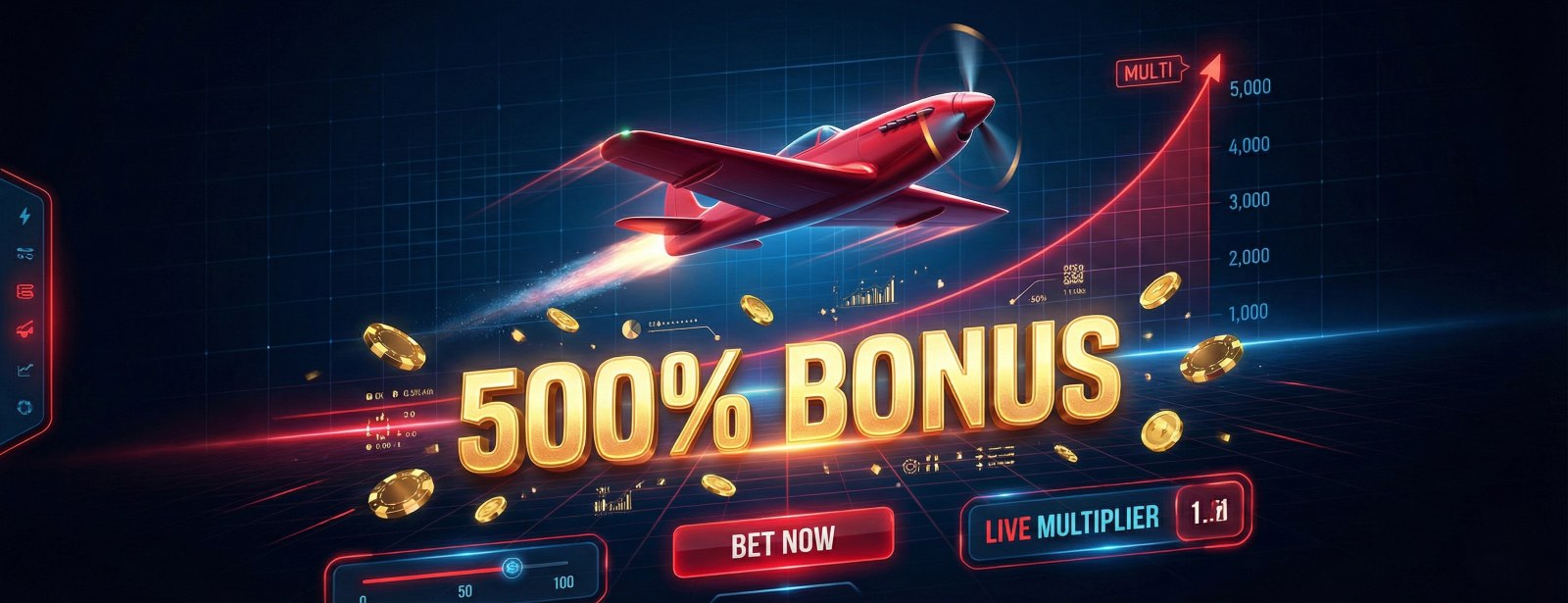 Червен самолет Aviator излита над голям златен надпис 500% BONUS със златни чипове и графики за залози в реално време