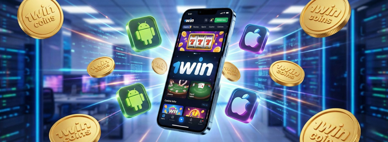 Мобилно приложение 1win за Android и iOS с бонус монети за лоялност и казино игри на екрана на смартфон в сървърна зала