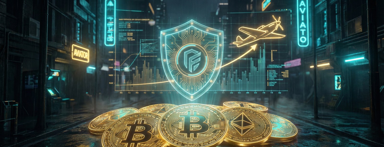 Златни криптовалути Bitcoin и Ethereum пред холограма със защитен щит, графики и самолета от Aviator в киберпънк стил
