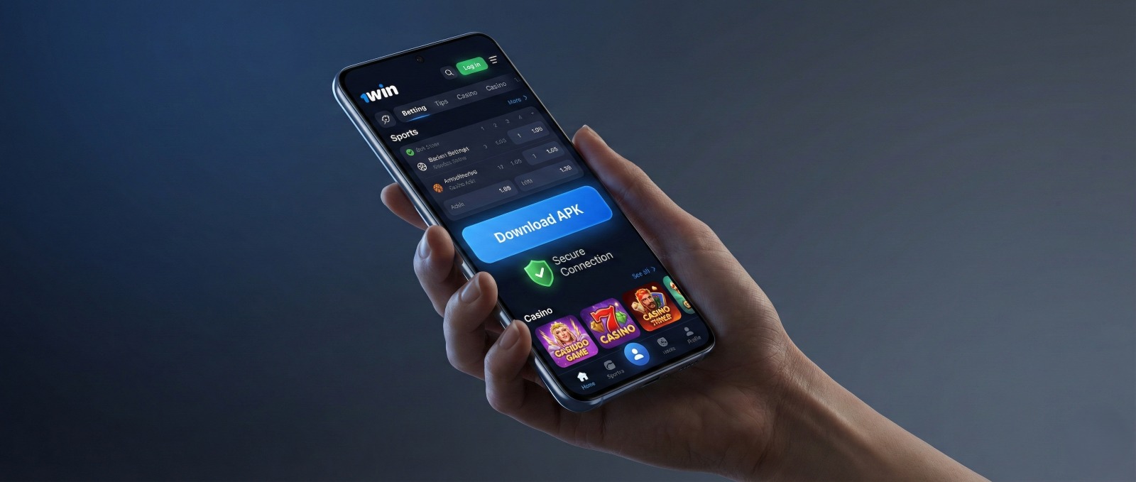 Смартфон с бутон за сигурно изтегляне на 1win APK приложение за спортни залози и онлайн казино игри в България